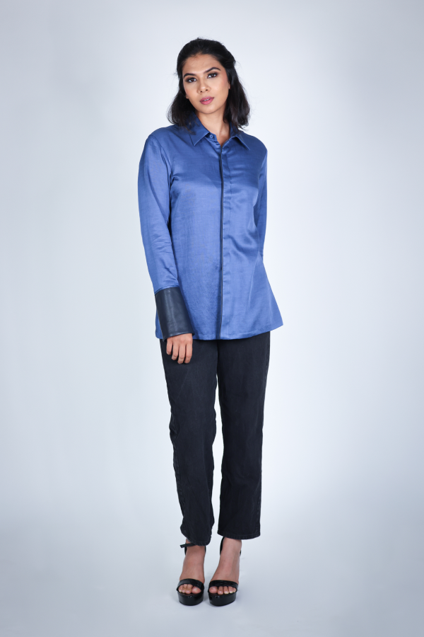 blue leather cuff shibori shirt