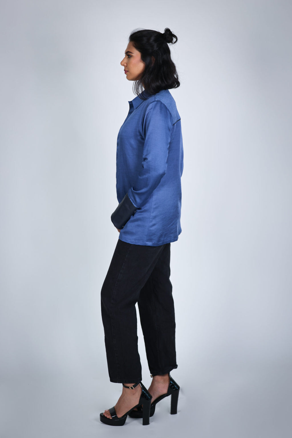 blue leather cuff shibori shirt